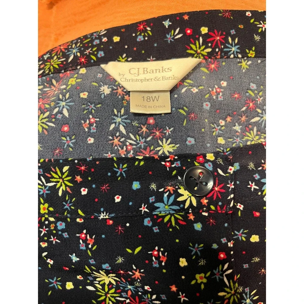 C.J. Banks Midi Skirt Womens 18W Navy Floral Button Front Elastic Back A-Line